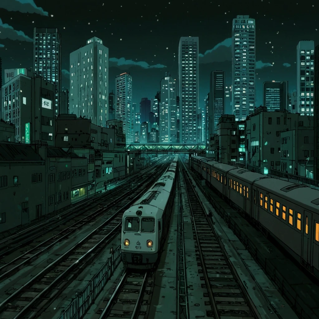 anime style of <lora:In anime style v1 (black freighter):0.9>
animated photo of a city at night with a train passing b