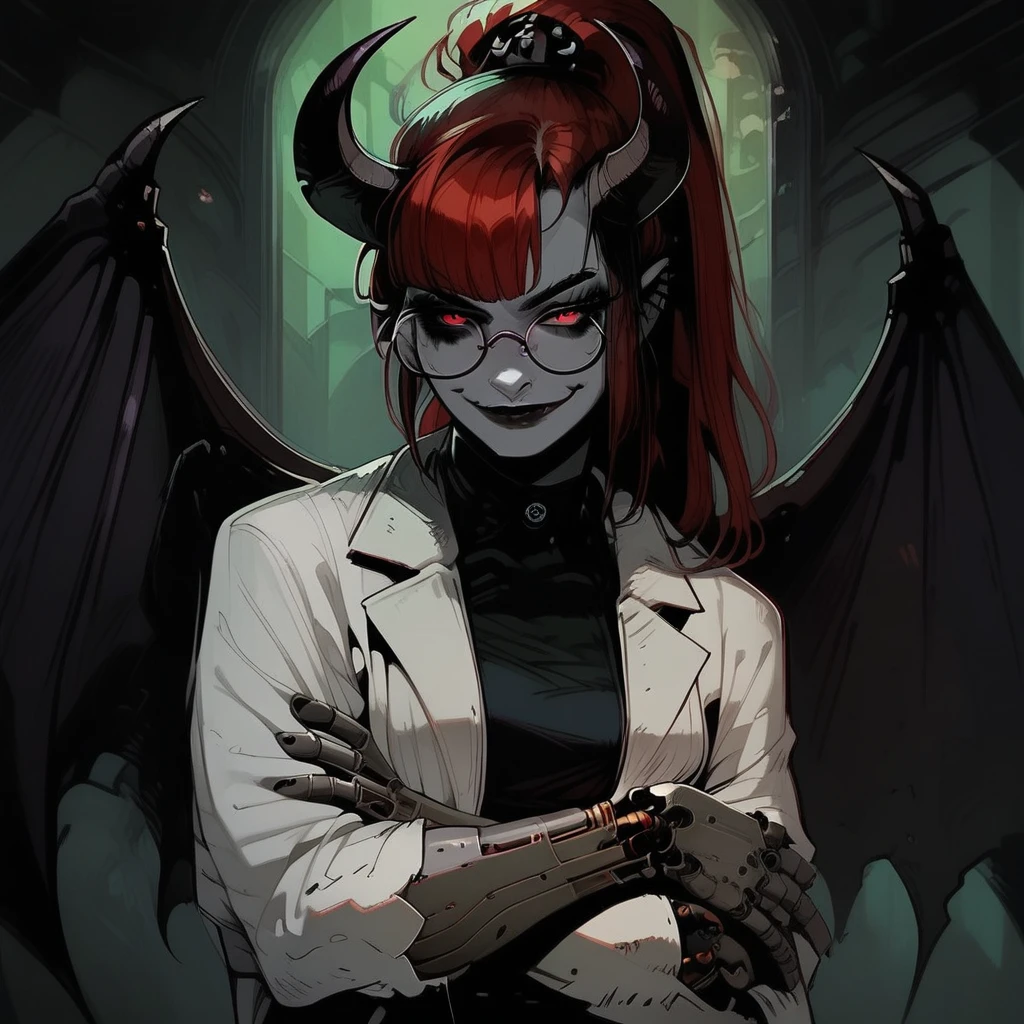 score_9, score_8_up, score_7_up, portrait, beautiful, <lora:SophraxiaHornyscientist:1> 1 girl, SophraxiaHornyscientist, lab coat, white coat, goth, goth girl, demon girl, grey skin, succubus, horns, mechanical arm, robot arm, round glasses, red hair, ponytail,  wings, bat wings,