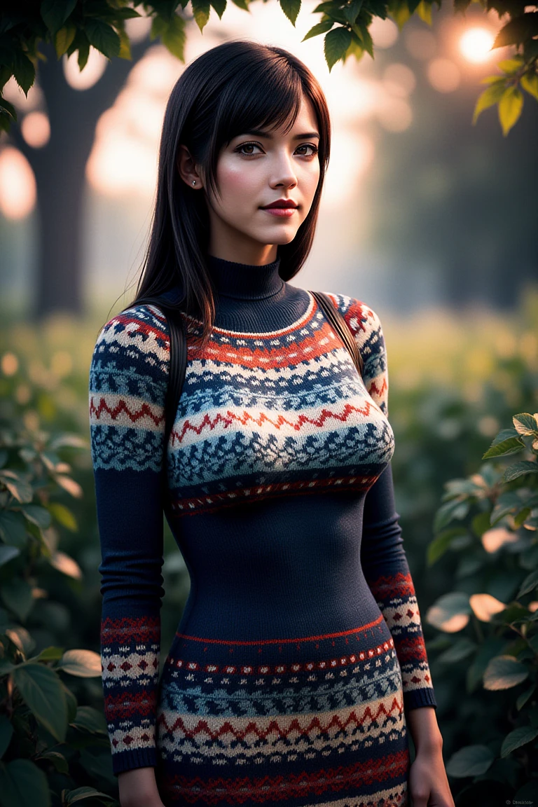 Fair Isle knit sweater dress, portrait, 85mm, (analog, cinematic, film grain:1.3), ( Virtual Reality World, Digital realm with vibrant landscapes, floating islands, fantastical creatures, and avatars.), detailed eyes, seductive pose, painted lips,(cinematic shot:1.3), (natural lighting, lit from above), 
