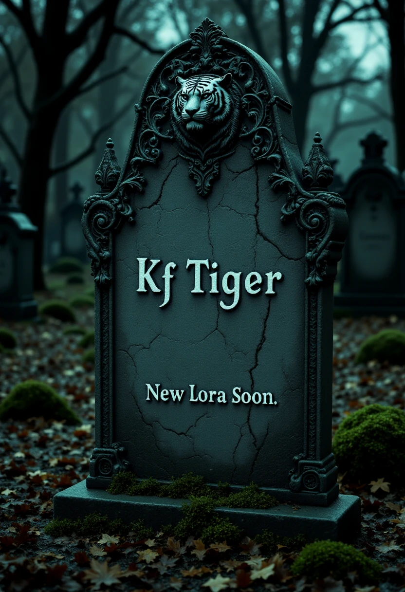 <lora:Gravestone_Engraver_FLUX-000015:0.9>
This is a photograph of a gravestone dedicated to the character "KF TIGER" in a cemetery setting, taken in a dark, eerie atmosphere. The gravestone is intricately carved and features a Gothic design, with an ornate, detailed  tiger at the top. The stone is weathered, with moss and leaves covering the base, giving it an aged, antique appearance. The name "KF TIGER" is etched in a bold, white, Gothic-style font on the front of the stone, and the message "New LORA Soon" is inscribed beneath it.