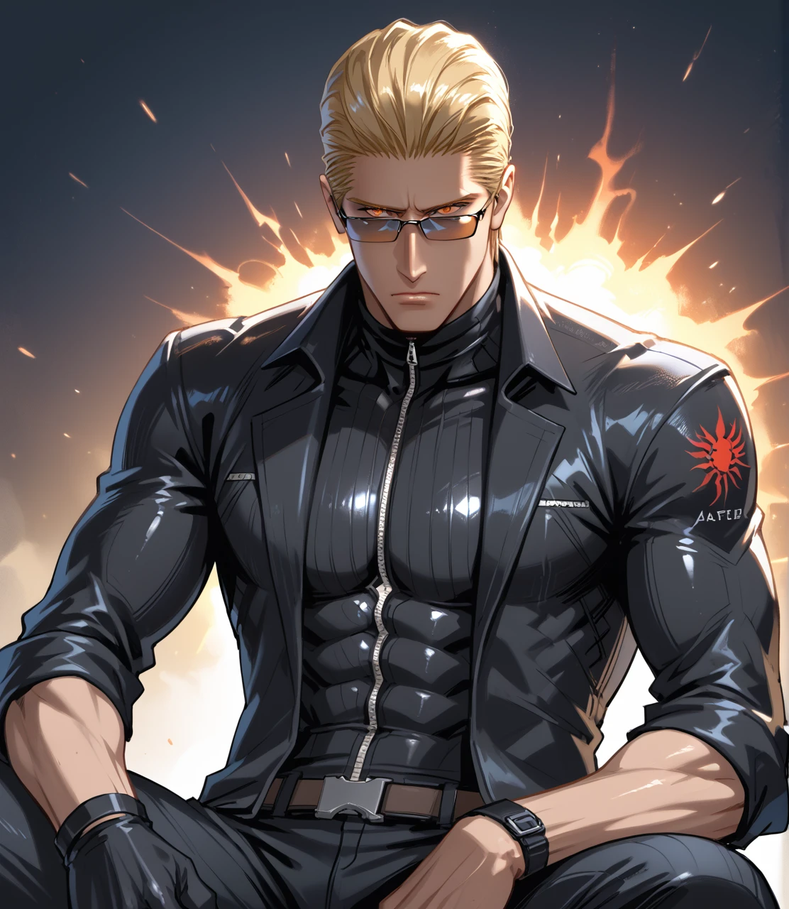 PonyScores7, source_anime, ah1, <lora:Cassis_Style:1>, BREAK <lora:albertwesker-guy-PONYv1:0.8> albertwesker, albert wesker, 1boy, blonde, black gloves, (sunglasses:1.3), belt, black coat, black pants, looking at viewer, toned, athletic, fit, slicked back hair, black turtleneck, zipper, mature male, short hair, black boots, (honorable blacksmith, with a forge and anvil crafting weapons for a just cause), (Hazy weather), ((sigh expression)), (focused, intense glare, apatethic, contemptuous), (reddish orange eyes, slit pupils), (angular face, sharp_featured face), handsome, charming, alluring, BREAK <lora:xl_more_art-full_v1:0.2>, <lora:shinyskin2:0.2> glistening skin, <lora:aesthetic_anime_v1s:0.2>, <lora:Expressive_H:0.2> Expressiveh, <lora:hairdetailpxl:0.2> hairdetailpxl, <lora:EpicF4nta5yXL:0.2>, <lora:detailxl:0.2> detailxl, <lora:Fant5yP0ny:0.2>, best quality, amazing quality, best aesthetic, absurdres, <lora:expressive eyes:0.2> expressive eyes, <lora:eyedetailpxl:0.2> eyedetailpxl, illustration, Volumetric_Lighting, ultra-detailed, very aesthetic, intricate details, 8k, masterpiece, best_quality, BREAK (Ground level view medium Close shot (focus on legs)), BREAK <lora:Eyes_High_Definition:0.3> EyesHD, Stable_Yogis_PDXL_Positives, AS-Adult, <lora:Complicated fantasy portrait - XL Pony V2.0:0.4>, bad-hands-5, AS-MidAged,