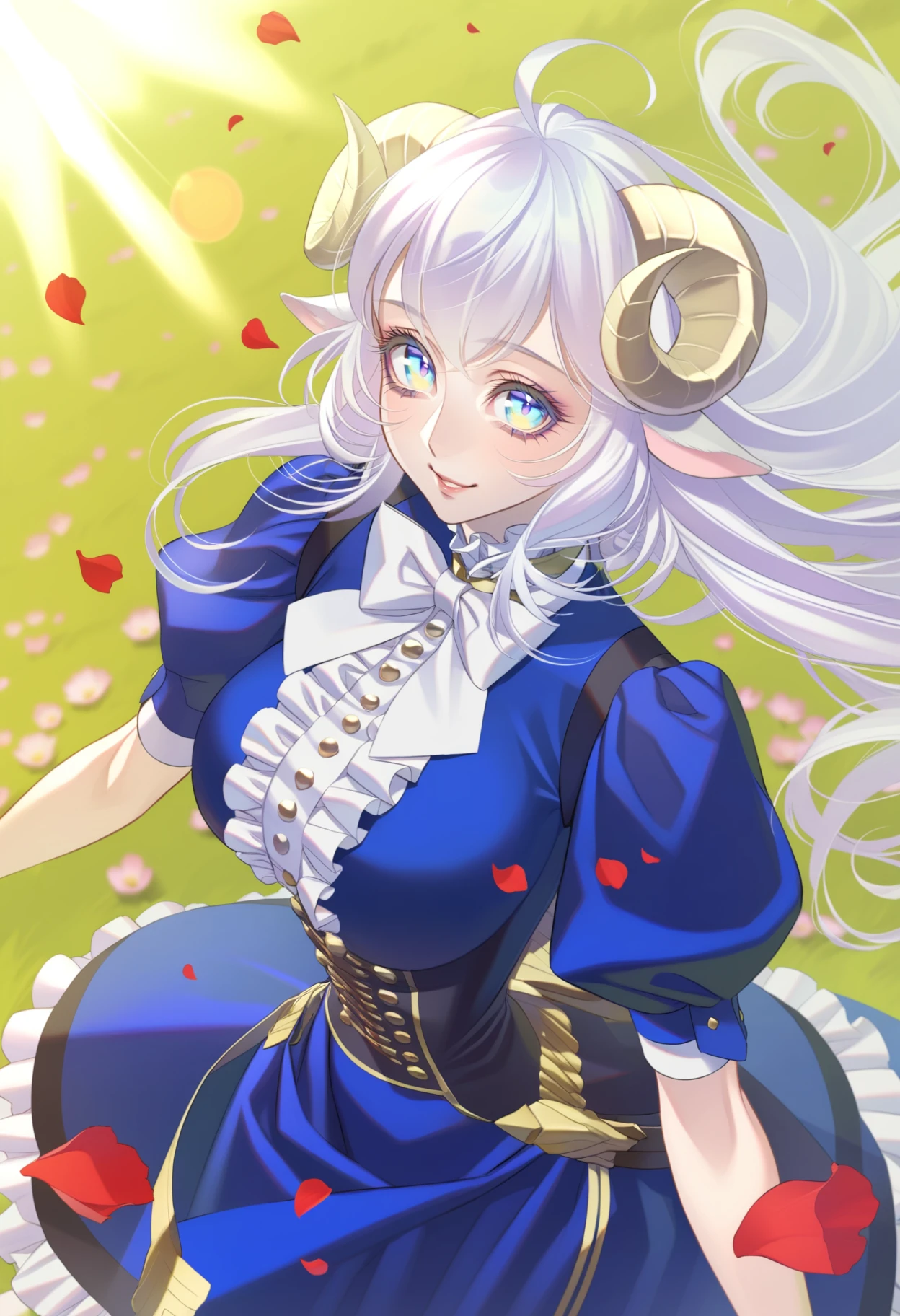 1girl, solo,outdoors,field,flowers,sunbeam,sheep girl,neck tuft,white hair,sheep horns,blue eyes,blue dress,frills,puffy sleeves,ribbons,bowtie,long hair,lens flare,from above,happy,wind,petals,mature female,milf
amazing quality, masterpiece, extremely detailed, beautiful, detailed, best quality, absurdres, <lora:Kyujyo_Kiyo:0.9> kyujyo_kiyo,