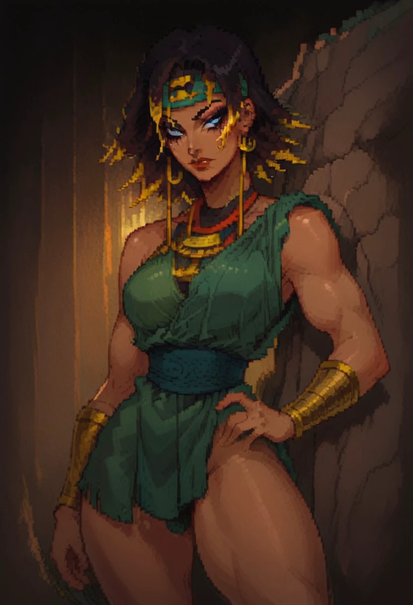 score_9, score_8_up, score_7_up, BREAK, 1woman portrait, beautiful, dramatic lights ((NinhDeathmustdie, Ninhearthgoddes, dark skinned female, egyptian, egyptian women, multi colored hair, muscular, muscular female, thick thighs, blue eyes, egyptian makeup, makeup, eyeshadow, green toga, holding rock, rock, rock club, 1 girl, solo headband, multicolored hair, earrings, hand on hip))