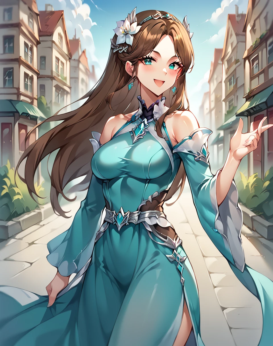 ing_rongrong_donghua, brown hair, long hair, aqua eyes, flower, hair ornament, manhua, aqua dress, rongrong dress  BREAK outdoors, city street, BREAK looking at viewer, sexy face, sexy smile, open mouth, cowboy shot,  BREAK score_9, score_8_up, score_7_up, source_anime ,zPDXL, perfect hand,   <lora:ning_rongrong:0.8>