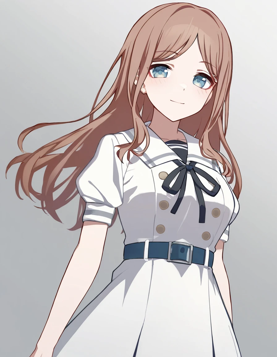 nagasaki soyo, 1girl, solo, <lora:nagasaki_soyo_IlluXL:1>, school uniform, puffy short sleeves, dress, buttons, black ribbon, neck ribbon, white sailor collar, blue belt, black belt, white dress, light smile, breasts, arm at side, light blush, looking at viewer, gradient background, grey background, white shirt,, best quality,masterpiece,highres,[[[tianliang_duohe_fangdongye,[ningen_mame,ciloranko,[sushineko8]]]]]