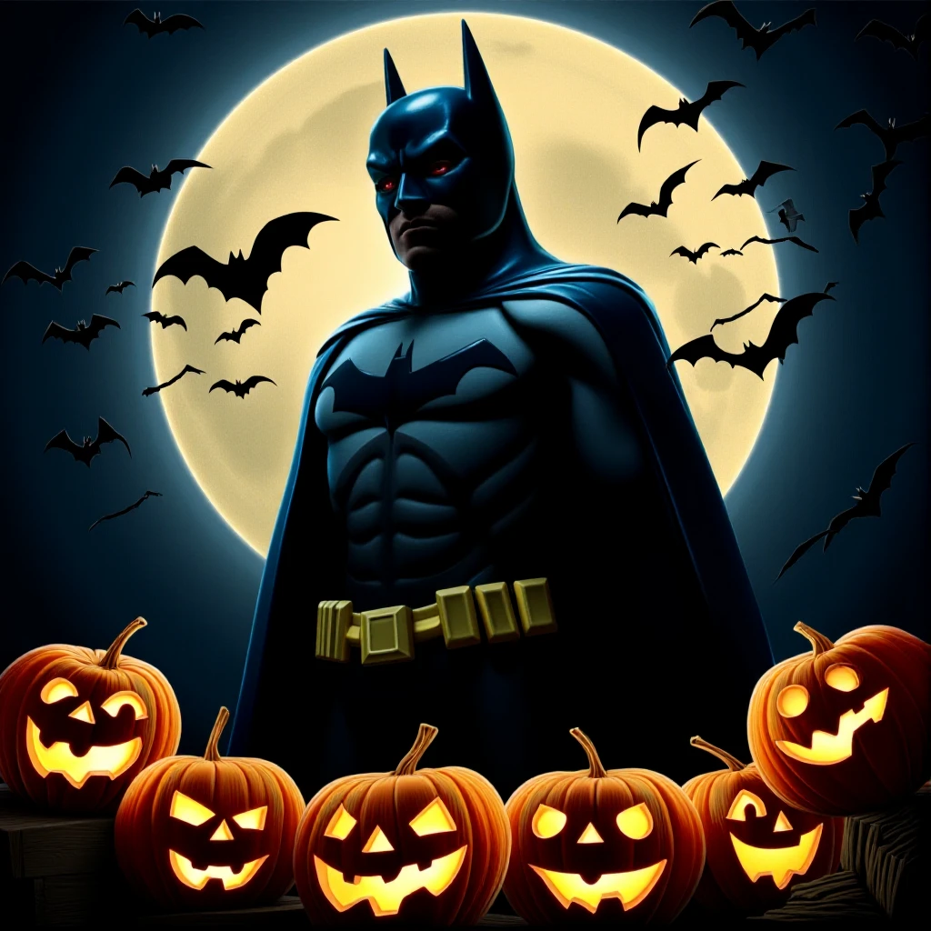 cinematic film still of  <lora:Halloween style v1:0.8>
In Halloween style a batman poster with bats and pumpkins, detailed background, perfect image, perfect body, perfect anatomy, sharp image, detailed image, cinematic film style, high quality photography, Halloween style, solo, looking at viewer, 1boy, standing, full body, male focus, moon, full moon, halloween, silhouette, limited palette, bat (animal), high contrast, blending, wings, horns, jack-o'-lantern, pumpkin
, shallow depth of field, vignette, highly detailed, high budget, bokeh, cinemascope, moody, epic, gorgeous, film grain, grainy