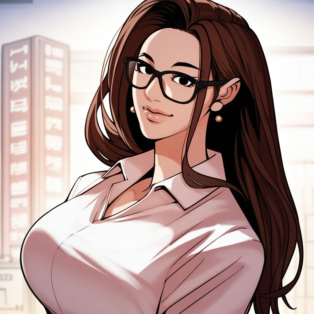 score_9, score_8_up, score_7_up, score_6_up, high res, high quality, great anatomy, good proportions, dynamic pose, 1girl, solo, serashin, brown hair, long hair, black eyes, large breasts, earrings, black glasses, looking at viewer, smile, upper body, office lady, white shirt