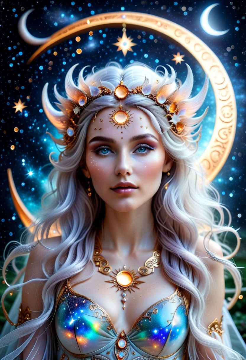 celestial astro beauty, ethereal goddess, astrological calendar, galaxy, stars, crescent moon, hyper realistic, realism, photography