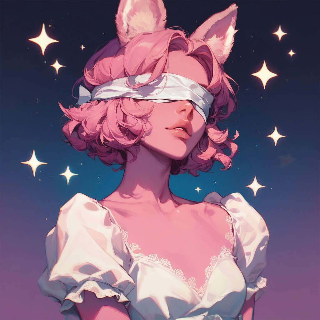 score_9, score_8_up, score_7_up, score_6_up, glshs, 1girl, solo, pink hair, blindfold, short hair, upper body, animal ears, pink skin, facing viewer, dress, collarbone, star (symbol), lips, star (sky), colored skin, partially illuminated