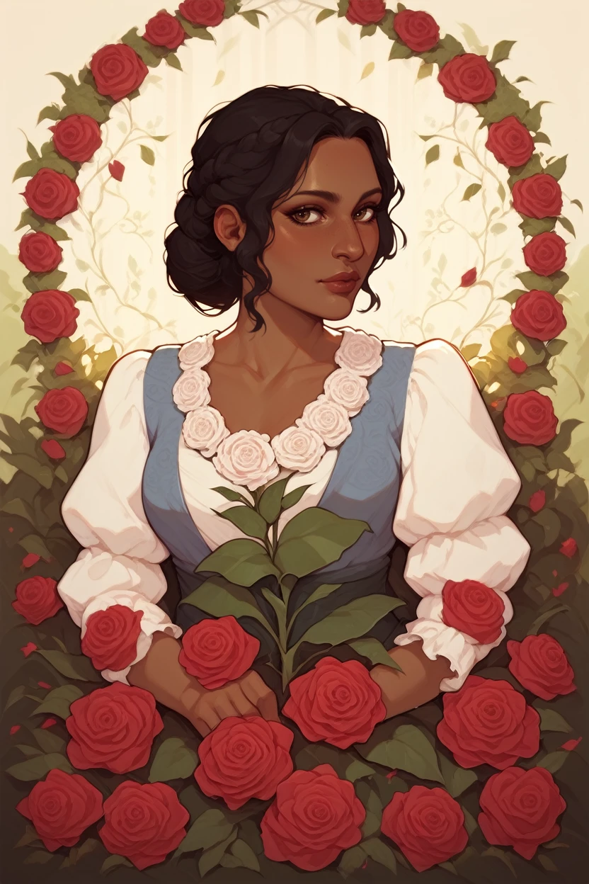 score_9, score_8_up, score_7_up,
<lora:DAJosephine:0.8>
DAJosephine, 1girl, black hair, brown eyes, dark skin, looking at viewer, rose garden, gardening, floral background