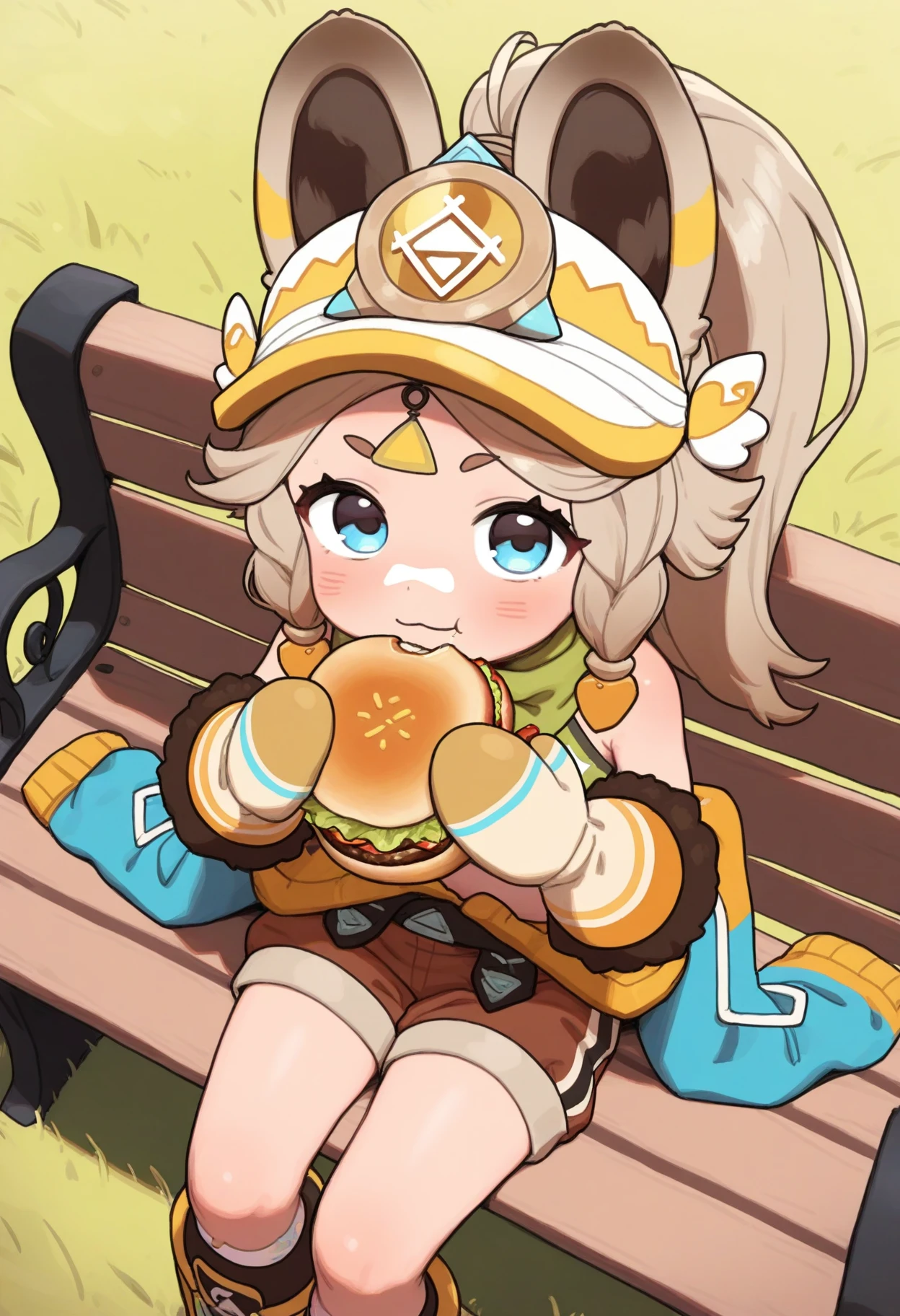 1girl, solo, imkachina, healthyman, (opossumachine:0.6), (alkemanubis:0.4), outdoors, 
sitting, bench, :3, eating burger, from above, looking at viewer, 
long hair, high ponytail, animal ears, forehead jewel, long hair, bandaid on nose, visor cap, 
crop top, green scarf, mittens, short shorts, brown shorts, clothes around waist, 
<lora:KachinaIllustrious_18:1>