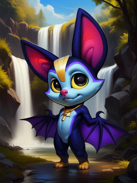 <lora:CammyCamazotzBatsNYif:1> CammyCamazotzBatsN, Bat, arms wings,  dark purple fur, yellow sclera, black eyes, light blue face, yellow feet,  ( chibi, small body,) male, gold necklace, gold necklace, ((yellow stripe on the forehead,))
Looks at the viewer, [ solo, nature, forest, day, clouds, waterfall, nude, naced,] standing,
beautiful, aesthetic, perfect, delicate, intricate, saturated colors, masterpiece, digital drawing, best quality,
by Darkgem, by Wildering, by Null-Ghost, by Silverfox5213, [[by Foxovh, by Chunie, by Pino Daeni, by Bonifasko]]