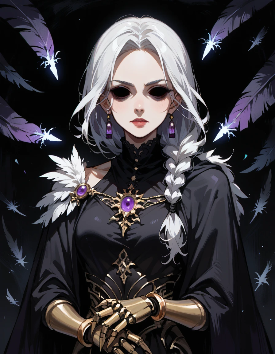 score_9, score_8_up, score_7_up, source_anime, hollow eyes,white hair in a long braid over one shoulderand  wearing a long black dress with gold and purple embroidery, Draped in a cloak of dark feathers, the figureâs hands are metallic claws, glowing with a faint purple light. <lora:Hollow_Eyes_Portrait_Pony:0.5>