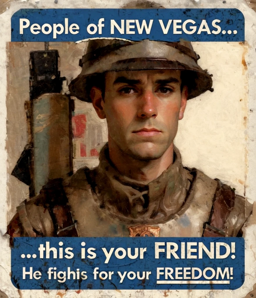 a trooper on a propaganda poster
 <lora:ncr_5000_trooper:1>, Norman Rockwell style soldier helmet, body armor <lora:dmd2_sdxl_4step_lora_fp16:1>, oil painting style, oil on canvas style