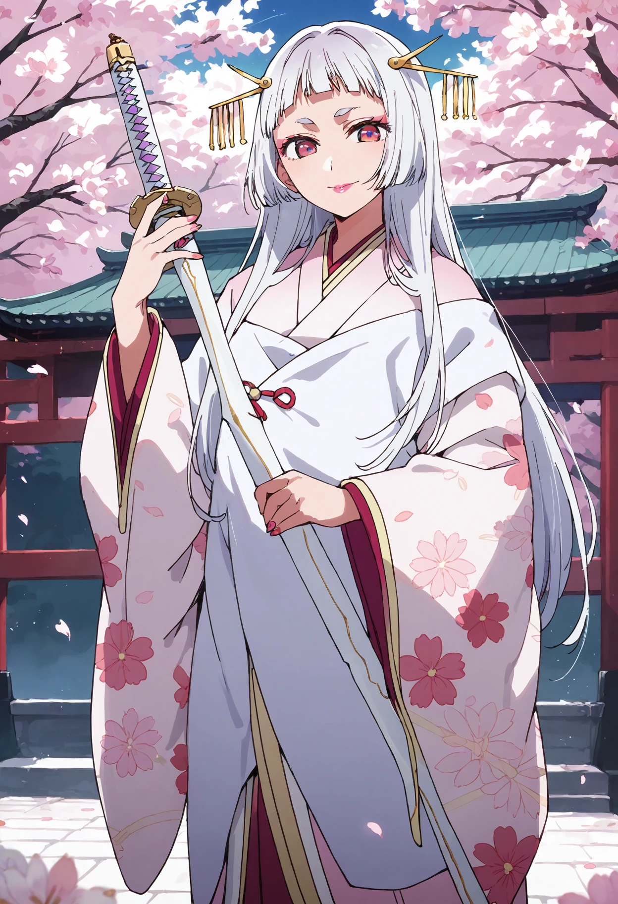 score_9, score_8_up, score_7_up, , score_ANIME,sayahime, 1girl, solo,, , print kimono,  very long hair,  looking at viewer, hime cut, pink lips, eyeshadow,  closed mouth,, floral print, hair ornament, purple eyes, wide sleeves, white hair, standing, short eyebrows, blunt bangs <lora:kurokawaakane_pony2:0.8>   cowboy shot,smile, (cherry blossoms:1.5),  petal, holding weapon, holding sword, katana,  outdoors, night sky,