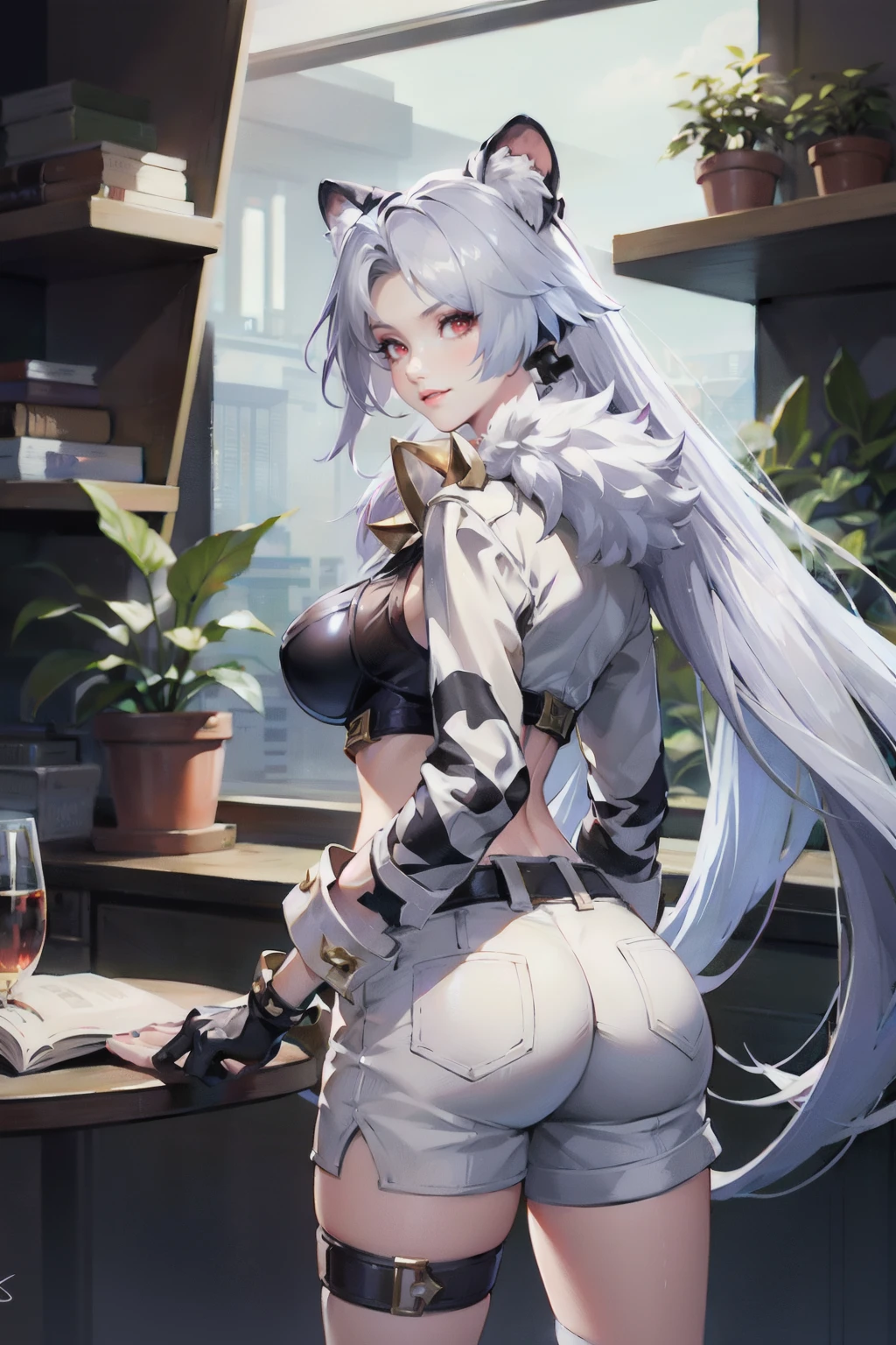 <lora:Dextra_Beast_Gang_Tiger_AoV_Model_LoRA:0.8>, Dextra_BG, 1girl, solo, animal ears, white tiger ears, long hair, very long hair, white hair, bangs, parted bangs, earrings, looking at viewer, red eyes, parted lips, neck bell, collar, breasts, large breasts, fur trim, jacket, white jacket, animal print, open jacket, open clothes, long sleeves, gloves, black gloves, navel, belt, shorts, short shorts, thigh strap, bandaid, bandaid on leg, spikes, socks, black footwear, jewelry, ((large hips, ass, big ass)), 40s, mature female, milf, back, back view 
, indoors, cup, pillow, book, window, chair, table, plant, scenery, couch, potted plant, shelf, best quality, ultra high res, (photorealistic:1.4), masterpiece, real life skin, hyper real