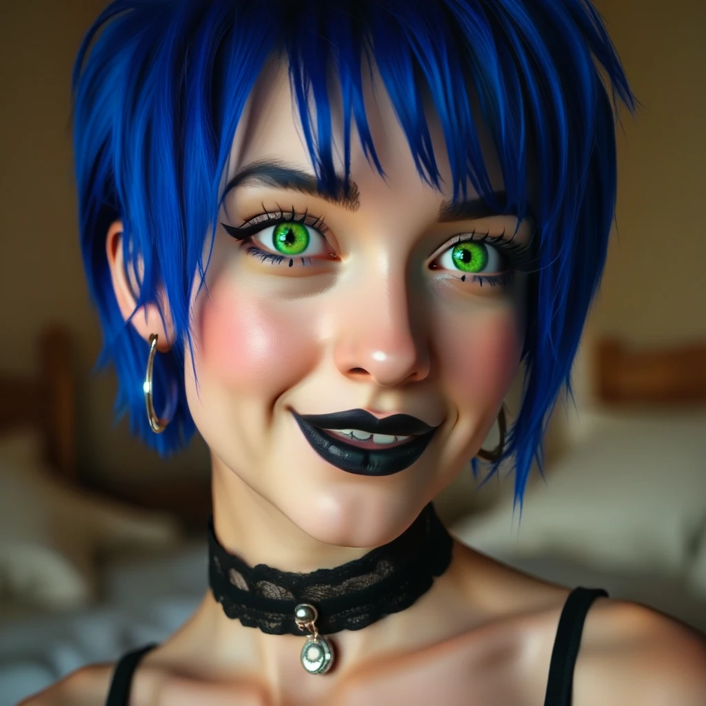 courtneystarr, portrait, face, close up portrait, in the bedroom, realistic, 3d, smooth, high details, masterpiece, 4k, smile, (blue hair), (short hair), (black choker), (black lips), (green eyes), (earrings), (makeup), (young woman), sexy, cute, 1girl, (pale skin)