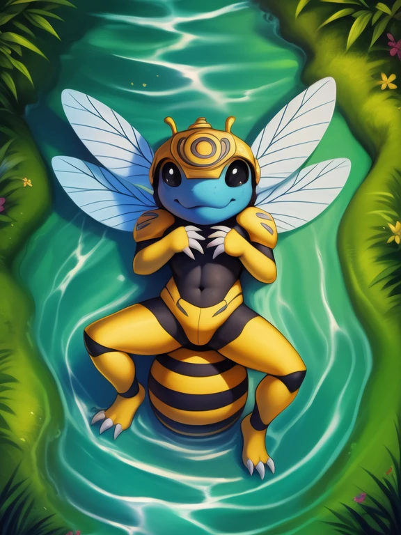 <lora:HoneybeemonDXWYif:1> HoneybeemonDXW, bee, insect, insect wings, black sclera, black eyes, anthro, white claws, (chibi, small body, ) black belly, ((blue face,)) red sting head, prankster
Looks at the viewer, [ solo, nature, forest, day, clouds, waterfall,  ,]((laying down, high-angle view,))
beautiful, aesthetic, perfect, delicate, intricate, saturated colors, masterpiece, digital drawing, best quality,
by Iskra, by Castitas, by Honovy, by Bonifasko