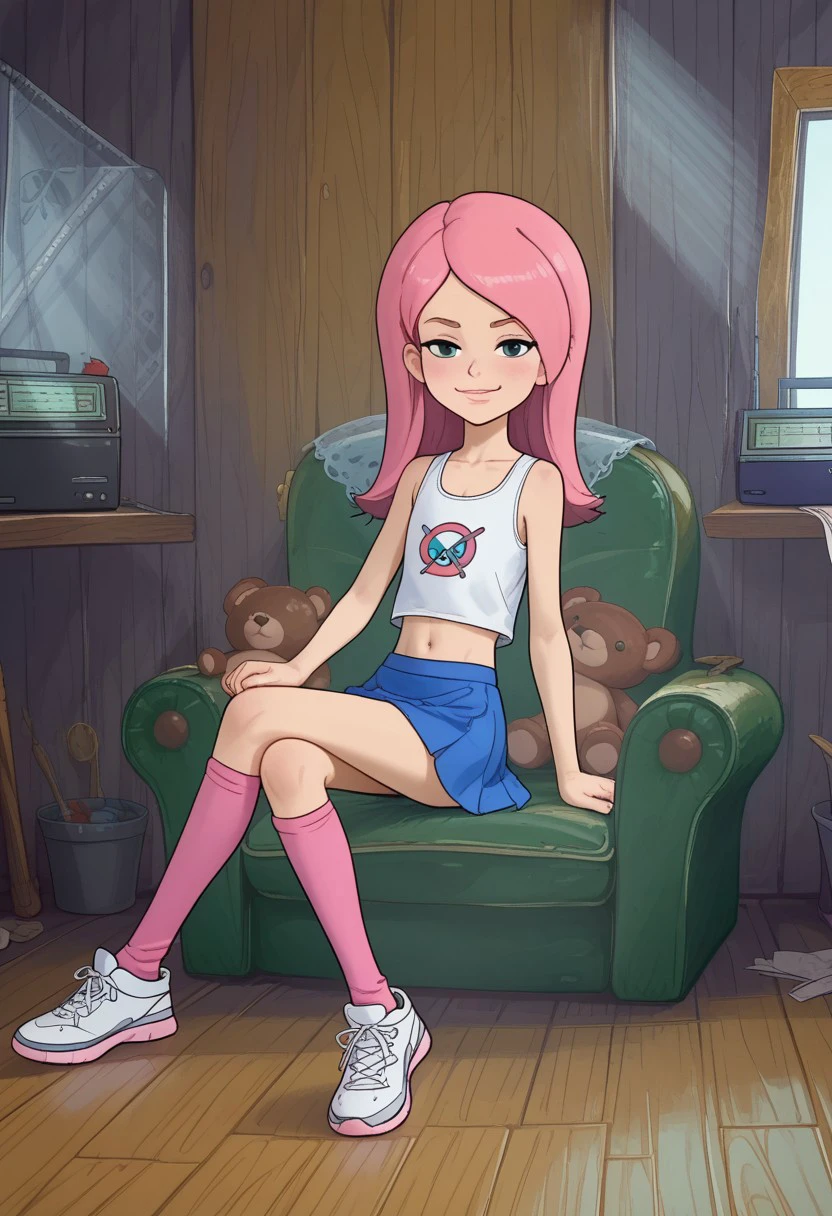 score_7, score_8,  score_9, at well drawn attic background, huge green armchair, radio on windowsill,   window, hand drawn 2d cartoon character, prostokvashino, petite flat chested girl, olya, shorty, skinny, undersized, pink lipstick, pale skin, solo focus girl, long pink hair, bangs, white sneakers with pink socks, white tank top with print, blue microskirt, midriff, navel, half closed bedroom eyes, smirking smile, sitting against viewer, close view, crossed legs, shy pose, stuffed animal teddy bear,