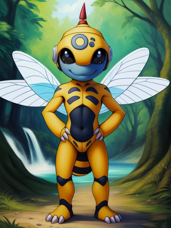 <lora:HoneybeemonDXWYif:1> HoneybeemonDXW, bee, insect, insect wings, black sclera, black eyes, anthro, white claws, (chibi, small body, ) black belly, ((blue face,)) red sting head, prankster
Looks at the viewer, [ solo, nature, forest, day, clouds, waterfall,  ,] ((Hands on hips, standing, )),
beautiful, aesthetic, perfect, delicate, intricate, saturated colors, masterpiece, digital drawing, best quality,
by Iskra, by Castitas, by Honovy, by Bonifasko