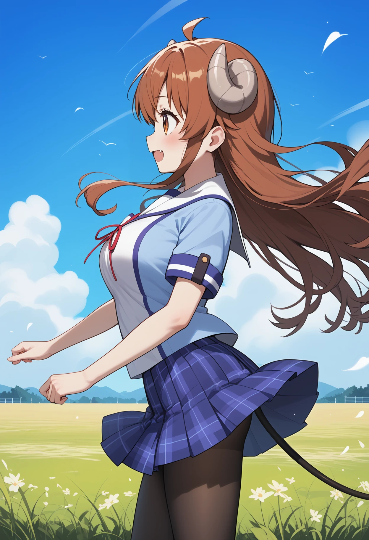 score_9, score_8_up, score_7_up, score_6_up, score_5_up, score_4_up, source_anime, aayuuko, long hair, brown hair, ahoge, horns, brown eyes, fang, tail, large breasts, school uniform, white sailor collar, neck ribbon, blue shirt, short sleeves, plaid skirt, blue skirt, black pantyhose, <lora:yoshida_yuuko_ponyxl_v1:0.9>, from side, wind, field, looking at another, standing, cowboy shot, solo