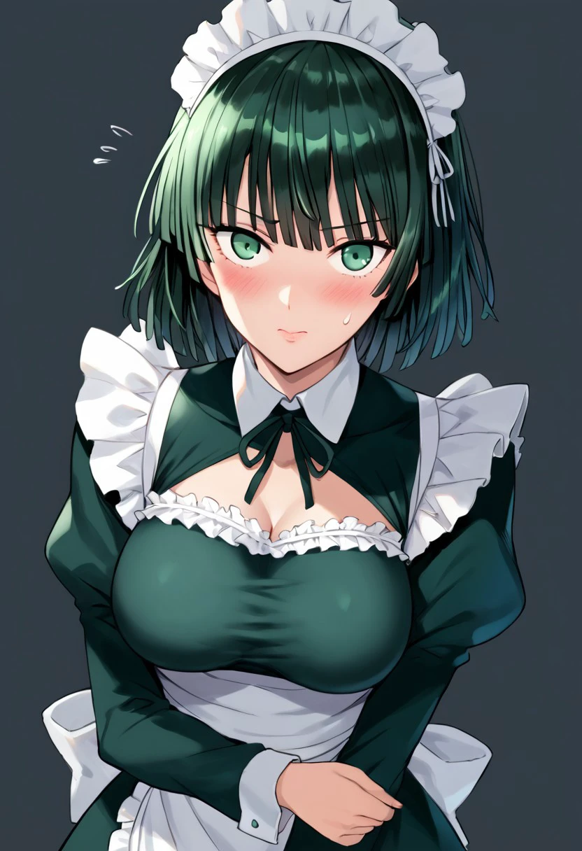 score_9, score_8_up, score_7_up, solo, 1girl, Fubuki_(One-Punch_Man), green_eyes, green_hair, short_hair, blunt_bangs, large_breasts, maid, maid_headdress, black_dress, embarrassed, black_background, looking_at_viewer, simple_background,