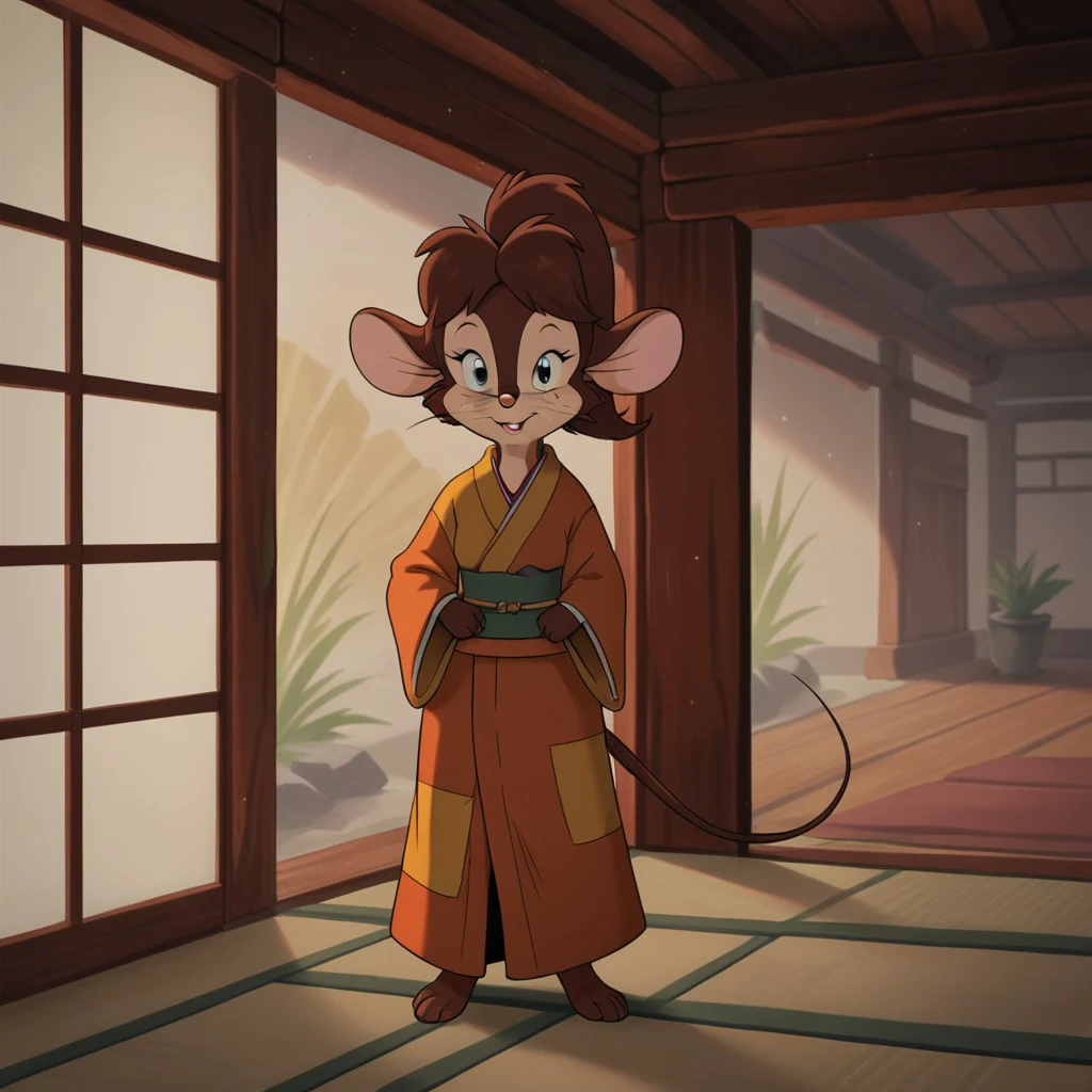 score_9, score_8_up, score_7_up, score_6_up, score_5_up, score_4_up, source_furry, tanyafgw, young anthro, female, mouse, brown fur, brown hair, ponytail,  full body, one 1girl, solo,  barefoot, kimono, inside,front view, <lora:c76b4841-2a5d-484b-91cc-81ff17d7ae4b:0.7>