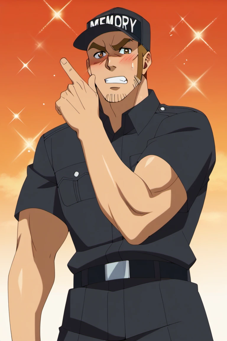 score_9, score_8_up, score_7_up, score_6_up, perfect anatomy, perfect proportions, best quality, masterpiece, high_resolution, high quality, best aesthetic, incredibly absurdres, highres, extremely detailed, huge filesize, mature, masculine, manly, virile, handsome, charming, alluring, bara, male focus, solo male, cowboy shot, dutch angle, source_anime \(Cells at Work! CODE BLACK\), anime coloring \Cells at Work! CODE BLACK\), Memory T Cell \(Cells at Work! CODE BLACK\), CaWBlMemoryTCell, brown hair, brown eyes, thick eyebrow, long sideburns, facial hair, stubble, CaWBKillerTCell_outfit, black cap, Killer T Cell cap \(Cells at Work\), Killer T Cell uniform \(Cells at Work\), black shirt, short sleeves, black pants. from below, low angle, blush, bashful, nervous, sweaty, awkward