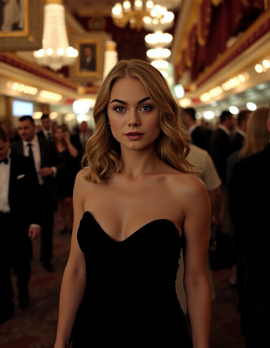 cinematic film still nan384ace, A full color portrait of a beautiful woman, wearing black dress, Esteemed Broadway, NYC, arrays of theatre-goers, epic character composition, subsurface scattering, f2, 35mm, film grain, shallow depth of field, vignette, highly detailed, high budget Hollywood film, cinemascope, moody, epic, gorgeous,