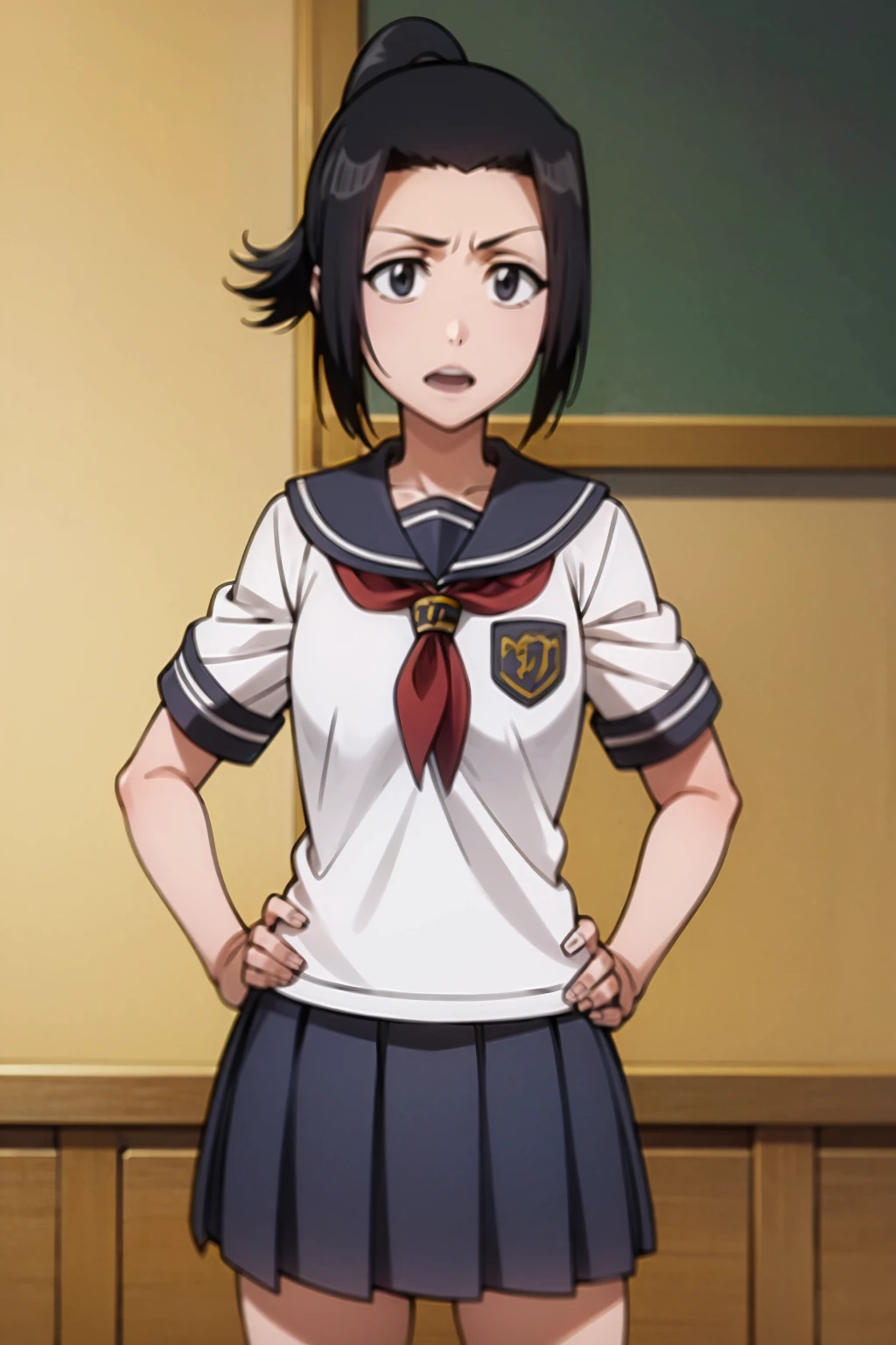masterpiece, best quality,
1girl, karinkuro, black eyes, black hair, ponytail, short hair,
pleated skirt, school uniform, serafuku, white shirt,
hand on hip, indoors,
open mouth, solo, looking at viewer, solo <lora:KarinKurosaki_byKonan:1>