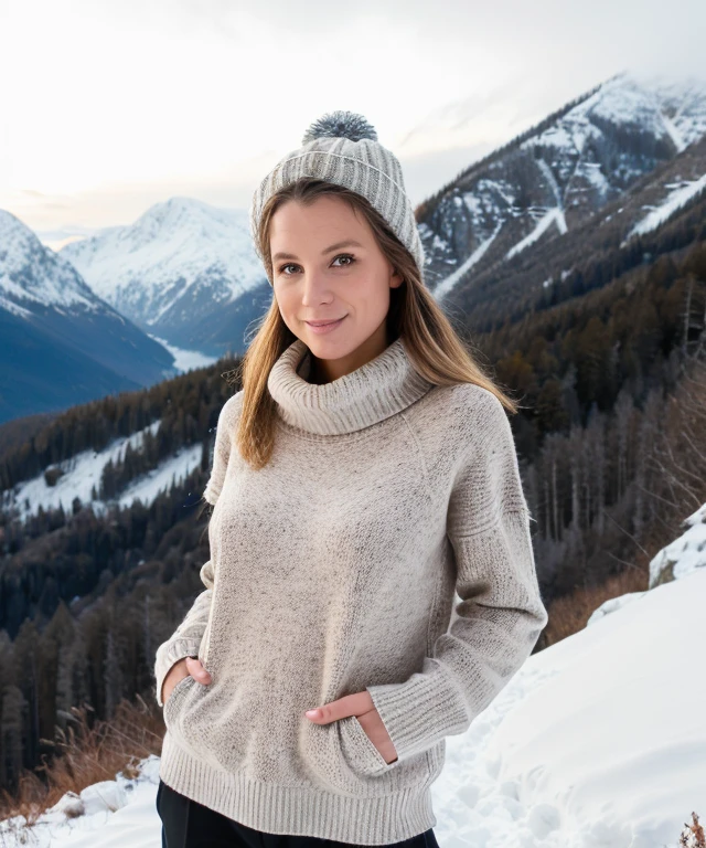 photo of melpel, Sweater at Winter Hike, <lora:melpel:1>