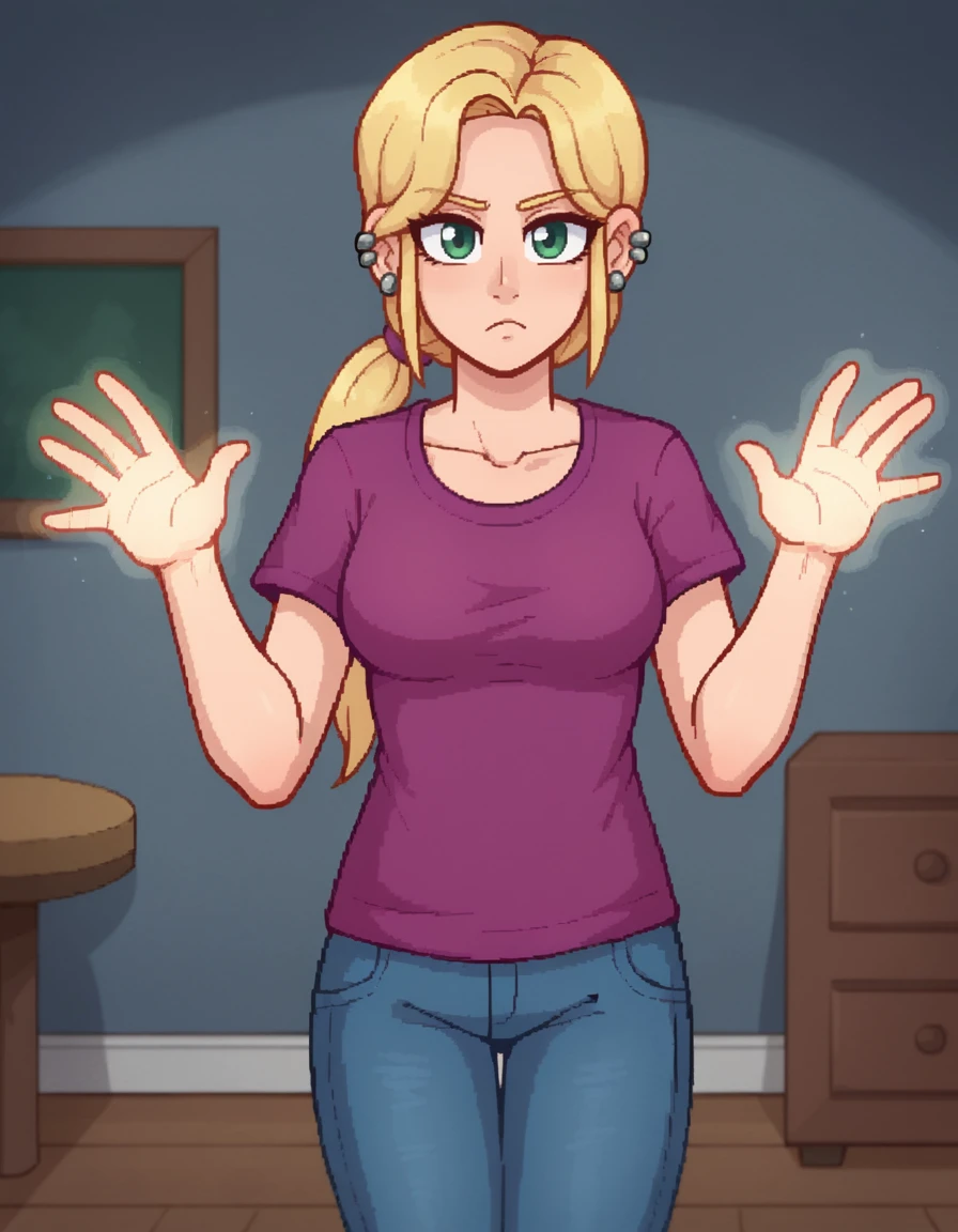 score_9, solo, portrait, spooky house, magic, glowing hands, hands raised, indoors, dark, furniture, concentrating, frown, 
<lora:Jennifer Lloyd (CURSED):0.4> JenniferLloyd, (ear piercing:1.2), blonde hair, long hair, green eyes, low ponytail, t-shirt, jeans, shoes, forelocks,