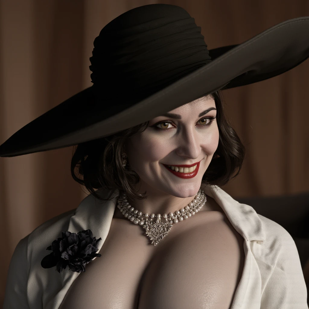 cinematic film still of  <lora:Alcina Dimitrescu v2:1>
Alcina Dimitrescu a woman in a black hat and dress, detailed edges, cinematic, pale skin, Alcina Dimitrescu style, 1girl, solo, breasts, looking at viewer, smile, short hair, large breasts, black hair, dress, hat, cleavage, jewelry, flower, earrings, teeth, white dress, necklace, mole, grin, black headwear, makeup, lipstick, mole on breast, sun hat, mature female, red lips, pearl necklace, black flower, black rose, corsage
, shallow depth of field, vignette, highly detailed, high budget, bokeh, cinemascope, moody, epic, gorgeous, film grain, grainy
