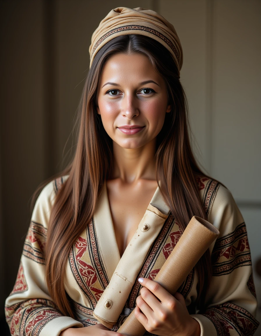 upper body portrait photo of a beautiful woman, she has sleek long hair, her skin has a high detailed texture and shows details like moles, small hairs and pores and she is dressed in a medieval Moorish scholar's robe with intricate geometric patterns, a turban, and carrying scrolls of ancient knowledge. Her expression is  a shy smile. With a natural lighting. <lora:shantellora-000012:1.2>