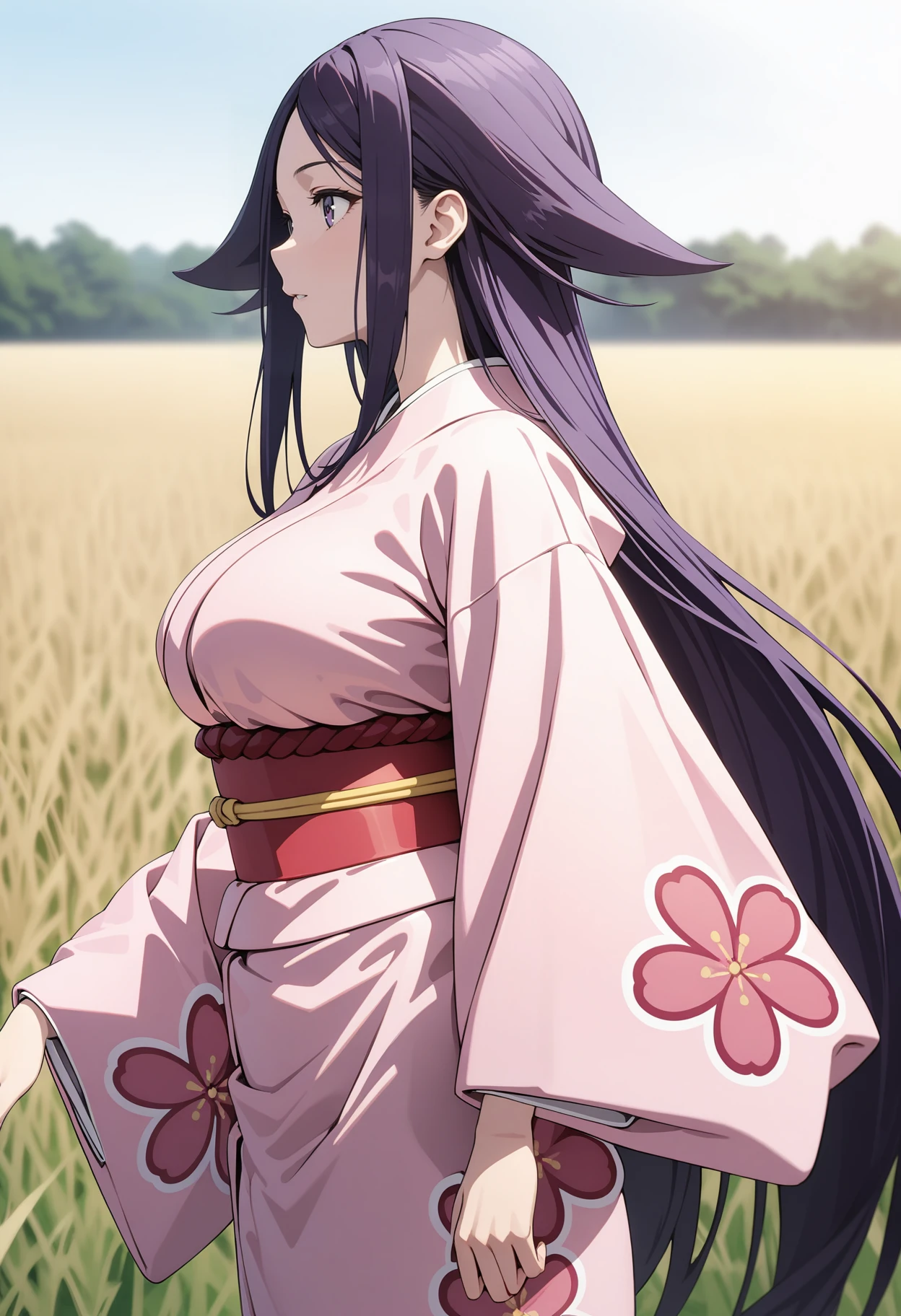 (masterpiece, best quality, very aesthetic, ultra detailed), intricate details, 4k, aaoharu, long hair, purple hair, hair flaps, purple eyes, large breasts, japanese clothes, print kimono, pink kimono, long sleeves, obi, sash, <lora:oharu_animagine_v1:0.9>, from side, standing, cowboy shot, field, solo,