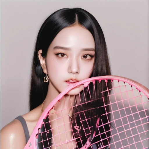 black hair, jewelry, closed mouth, bare shoulders, simple background, tennis racket, brown eyes, jisoo, underwear, blurry background, grey background, looking at viewer, parted lips, black eyes