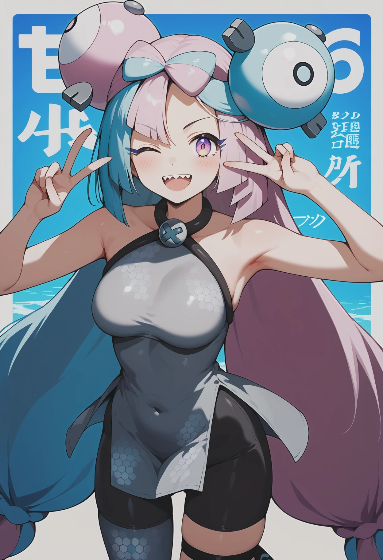 ((kinako (shiratama mochi) style)), colorful eyes, soft style, masterpiece, solo, 1 girl, topless, large nipples, nipples, black shorts, beautiful art, vibrant, colorful, medium breasts, multicolored hair, cat ear headphones, full bangs, , body, narrow waist, slender legs, hairband, choker, smiling, peace sign, spats, navel, thigh strap, abstract, paint splash, light hair, tongue out, long tongue, side tail hair ornaments, paint on body, waist pouch, yellow eyes, star sticker on face