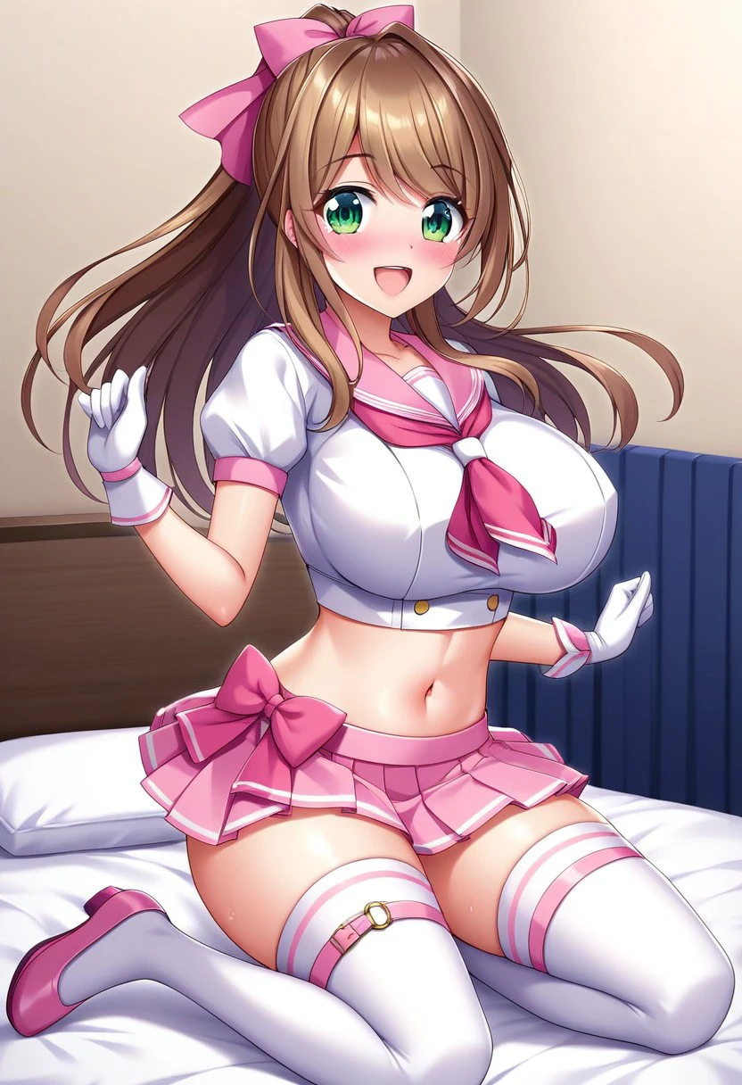 (highest quality, 4k, masterpiece :1.3), Beautiful woman, 1 girl, solo, (chest, attractive body :1.2), showing pubic area:, underboob, cleavage, JK, thong, crop top white shirt,  sleeveless, dark brown hair: 1.1, sailor suit, super detailed face, lip details, half opened mouth, smile, fine green eyes, double eyelid, spread legs, one knee up, bedroom, showing pubic area: