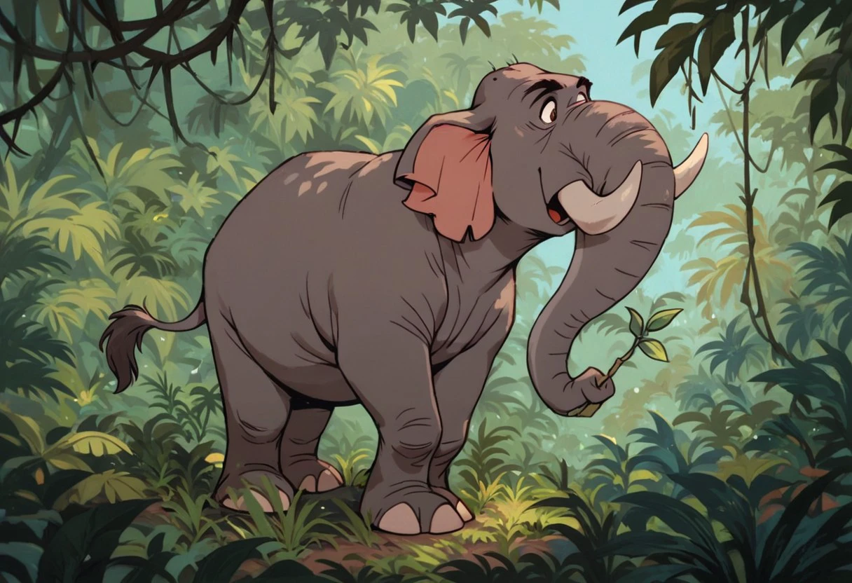 score_9, score_8_up, score_7, score_6_up, score_5, jungle  in the background, solo, (hathi:1.2, elephant), happy, brown eyes, tusks, trunk nose, trunk, tail, grey skin, pink ears, male, full body in frame,