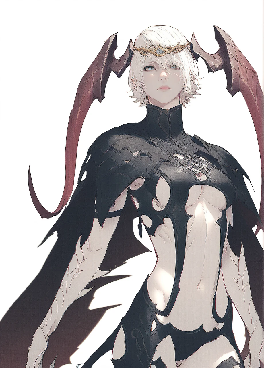 <lora:FF_Succubus-PONY:1> halicarnassus, 2B, circlet, long horns, circlet, white hair, short hair, navel, claws, revealing clothes, cape, white background <lora:Nier_Yorha2B-PONY:0.6>, score_8_up, score_7_up, score_6_up, score_5_up, score_4_up,