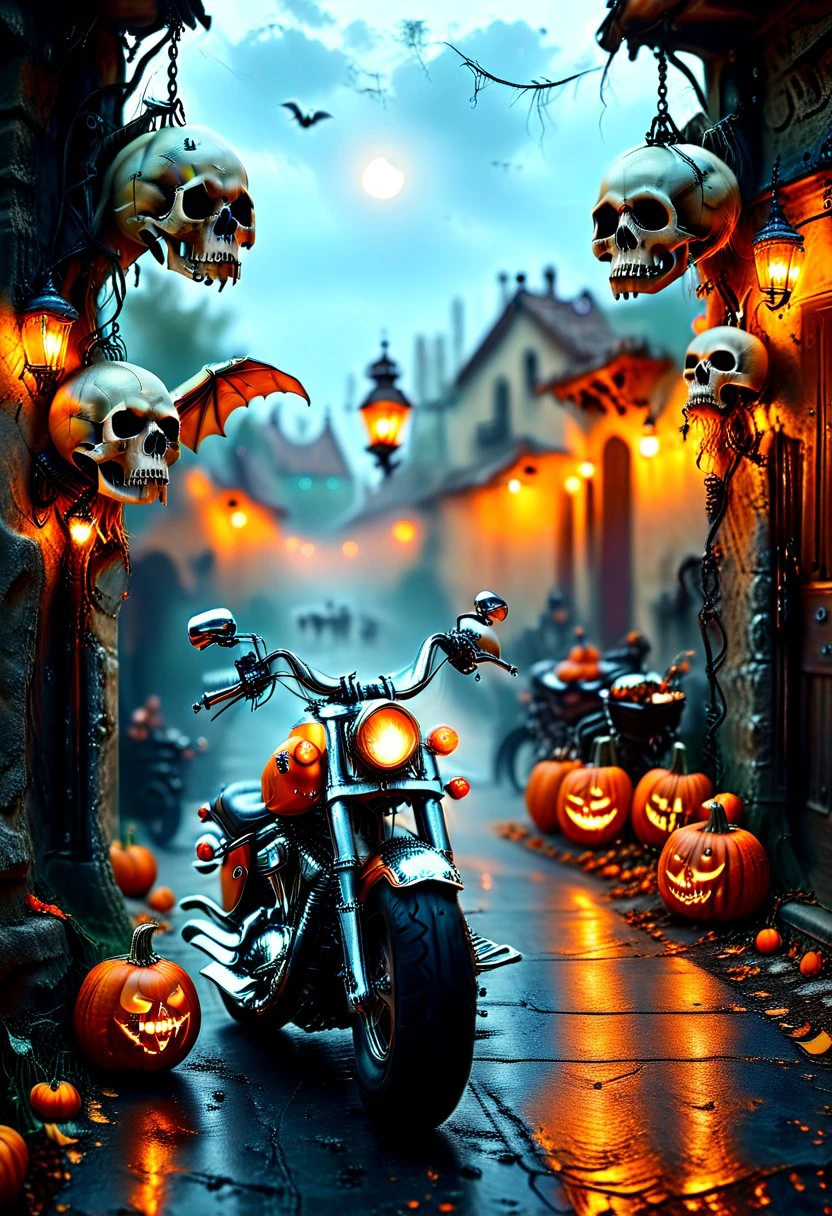 ultra realism, high quality, high resolution 8K and above, stable and accurate focus, ultra correct and accurate anatomy, super detail, many elements and details, on a Halloween themed image in a rock style ghost town. The moon illuminates the eerie street, along the street rockers dressed in skeleton costumes, beards and mustaches, ride motorbikes, the motorbikes look ghastly as if forged from the world of the dead, the mirrors of the motorbikes in the shape of an eerie hand, the front headlight of the motorbike in the shape of a glowing human skull, the brake lights and turn signals in the form of glowing little bats, the harley davidson-style elongated handlebars made of iron chains, devil tails hanging from the handlebars, the bats that accompany the rockers on the street. on the terraces of the residential buildings Pumpkins with carved faces glow like lanterns, skeletons in metal cages hanging in the air hung on the poles and cobwebs cover the old buildings, hanging skeletons from the terraces and on the street light poles creating an atmosphere of horror, mystery and excitement."
Colors: Orange, black, purple, dark blue, green.
Objects: Pumpkins, broomsticks, bats, cobwebs, cauldrons, skeletons, lattice cages, motorbikes, lanterns, graves, coffins, skulls and bones, skull ashtrays, goth glasses,
Emotions: horror, fear, parody
Atmosphere: Dark, mysterious, exciting.
Styles: realistic, gothic, rock