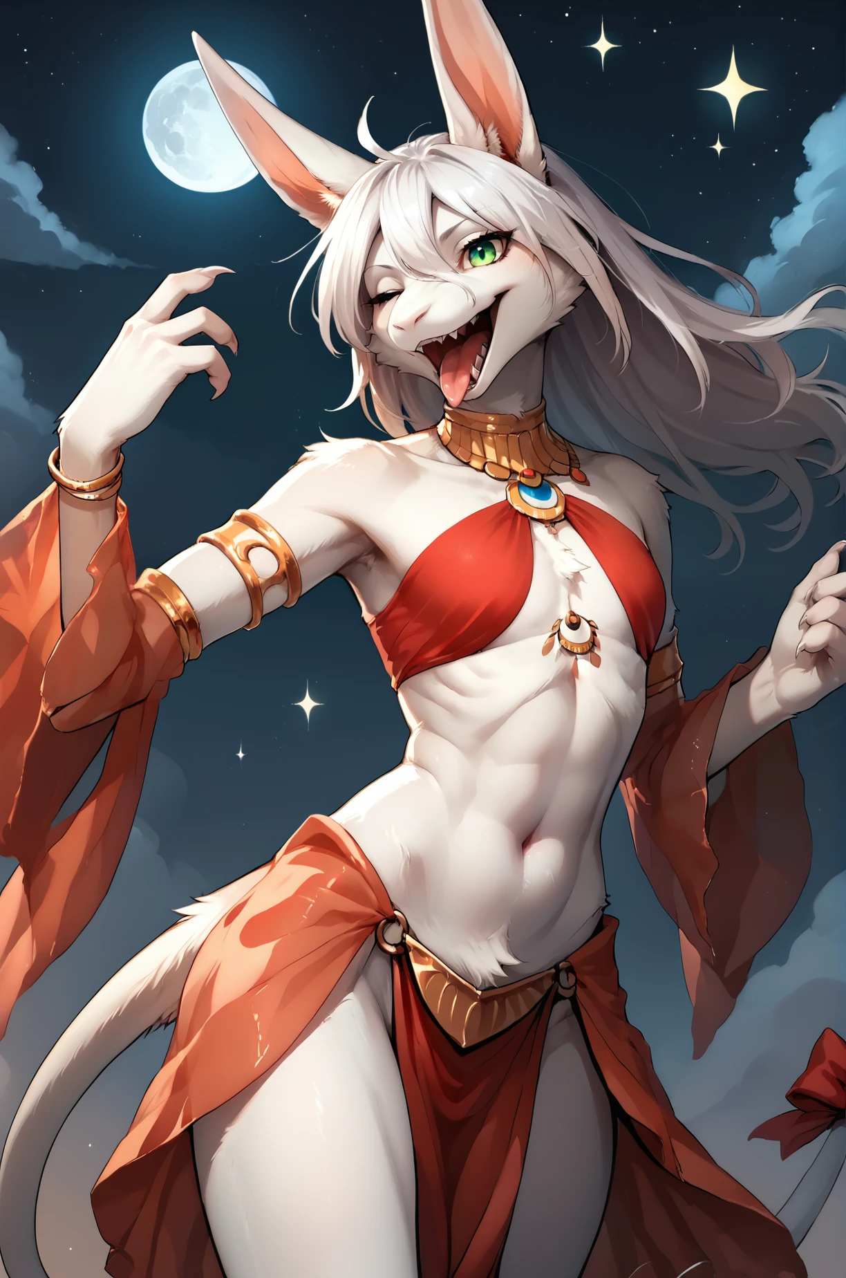 score_9, score_8_up, score_7_up, fluffy, tufts, furry, source_furry, source_anime, 1girl, solo, white fur, white hair, detailed eyes, detailed face, anime,
BREAK, FreyaC, green eyes, ears, smile, red dancer outfit, mouth open, small breasts, flat chested, tail, red tailbow, messy hair, winking, lithe, fit, dancing, performing, thighs, teeth, tongue,
BREAK, night, stars, moonlight, meadow background,
zPDXL, <lora:Freya10S 97:1>,