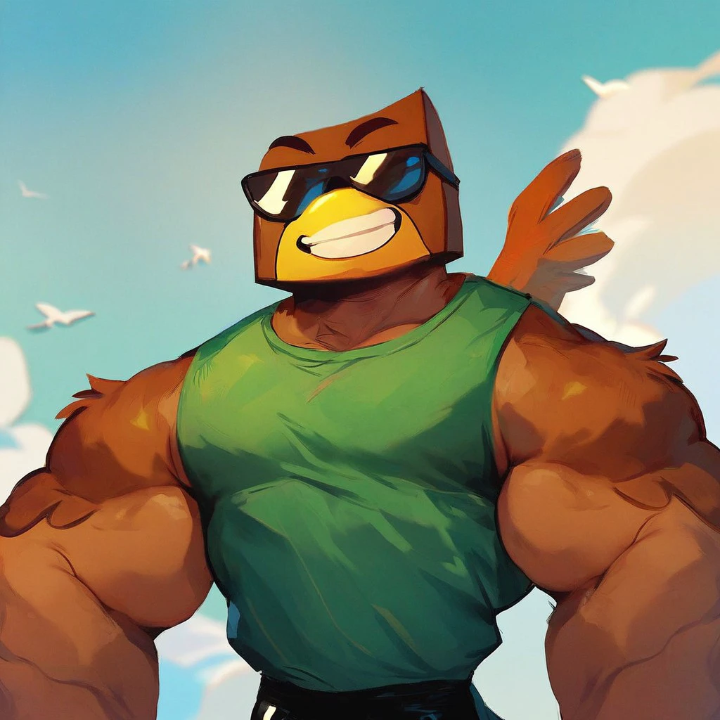 score_9, score_8_up, score_7_up, score_6_up, score_5_up, Hawkodile, bird, anthro, solo, sunglasses, yellow beak, brown head, black shorts, green top, muscular, front view, grin, large male