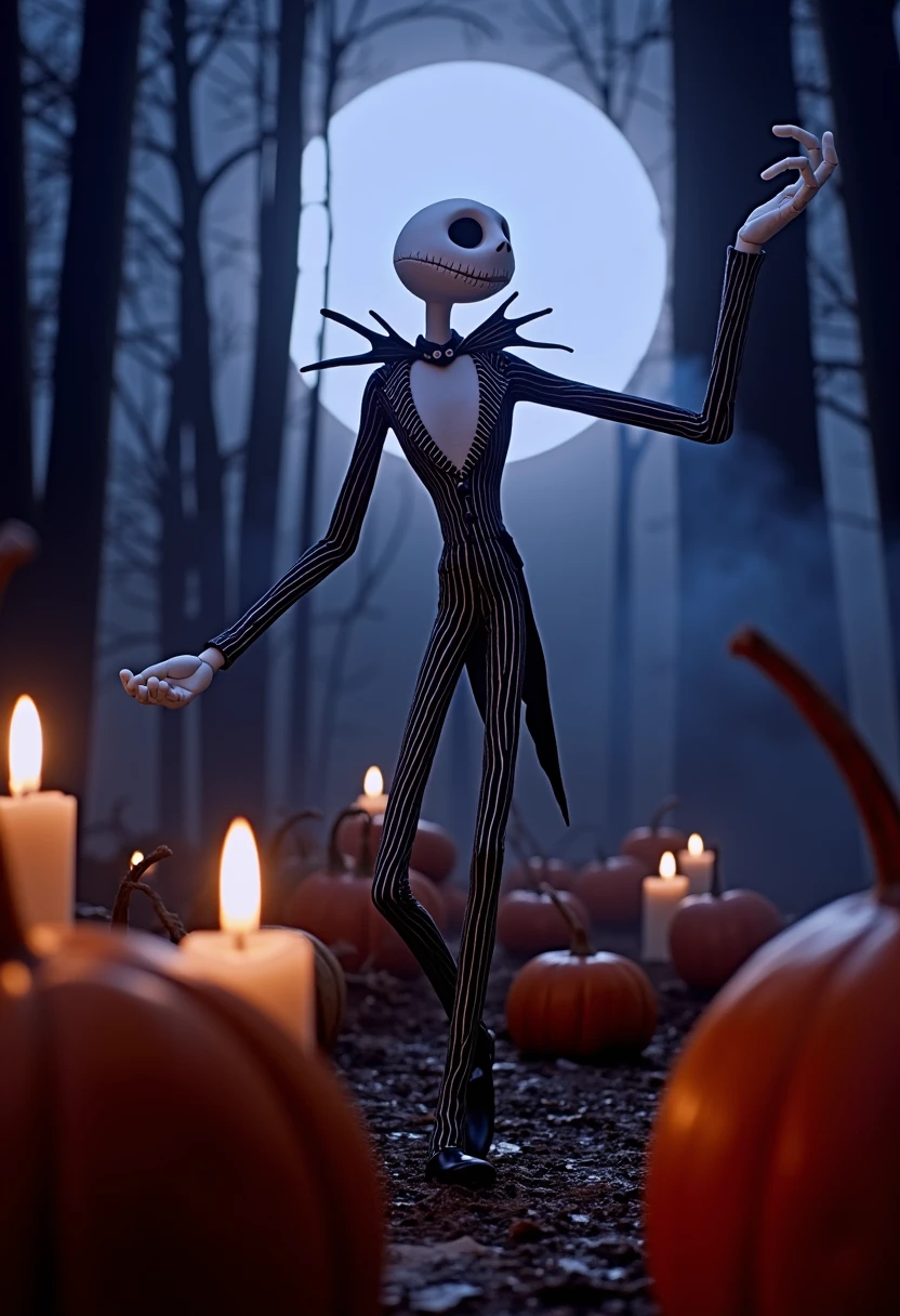 JS p3rs0n from The Nightmare Before Christmas dancing and singing, in a eerie cemetary with pumpkins and candles, fog, moonlight,