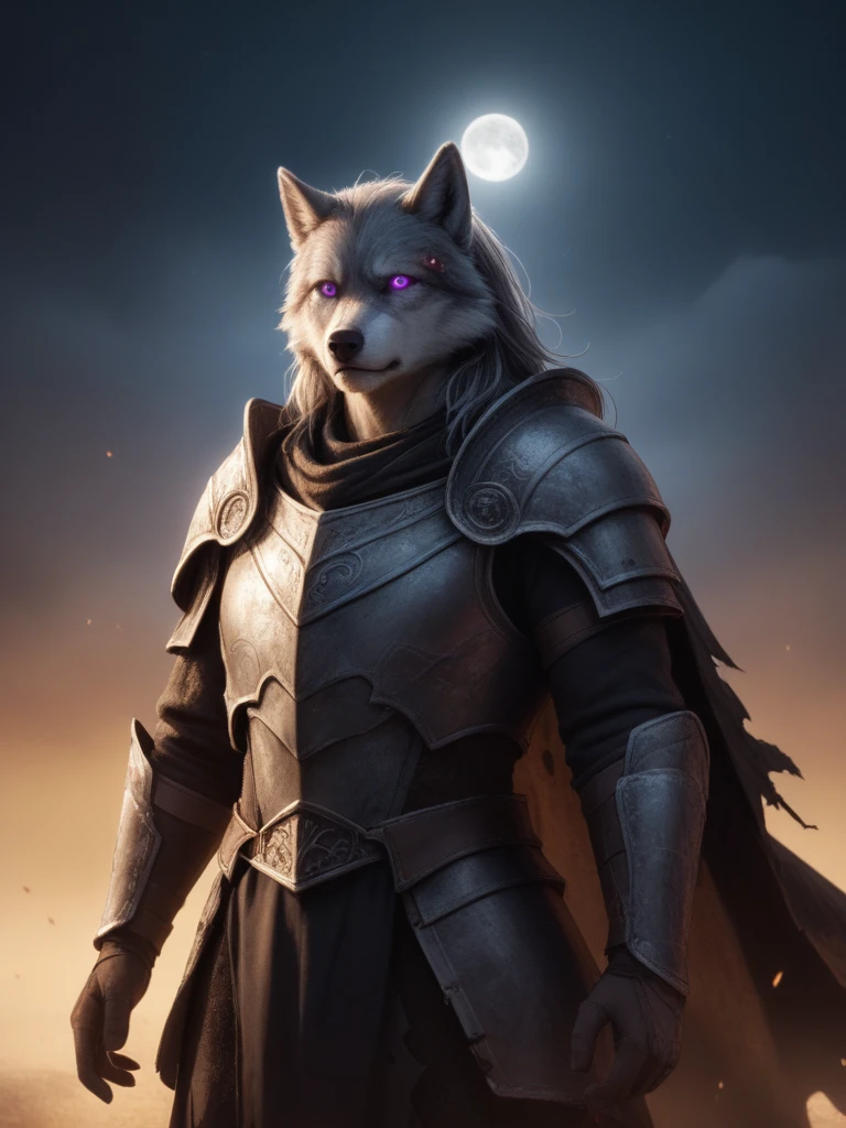 realistic, realism, real,
very aesthetic, intricate details, extreme detail, abstract, surreal,
dynamic lighting, ray tracing, extreme contrast,
warrior, vagabond, cloak, damaged armor, dirty, embossed armor, iron armor,
Jack Nguyen, elden ring,
(Solo), male, anthro, (grey wolf), long hair, purple eyes, dark Grey hair, muscular, war-torn, scared, bloody, dirty fur,
headshot, closes up, view from below, looking at viewer,
Detailed face, Detailed eyes, detailed face, 
background: moonlight, stars, small moon, grim, 
no humans,