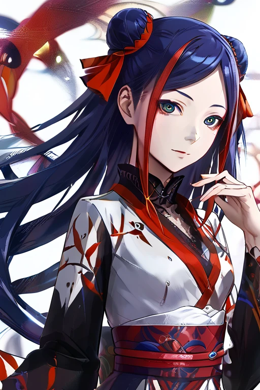 kakyouin, blue eyes, red eyeliner, blue hair, long hair, double bun, hair ribbon, kimono, lace-up boots, 