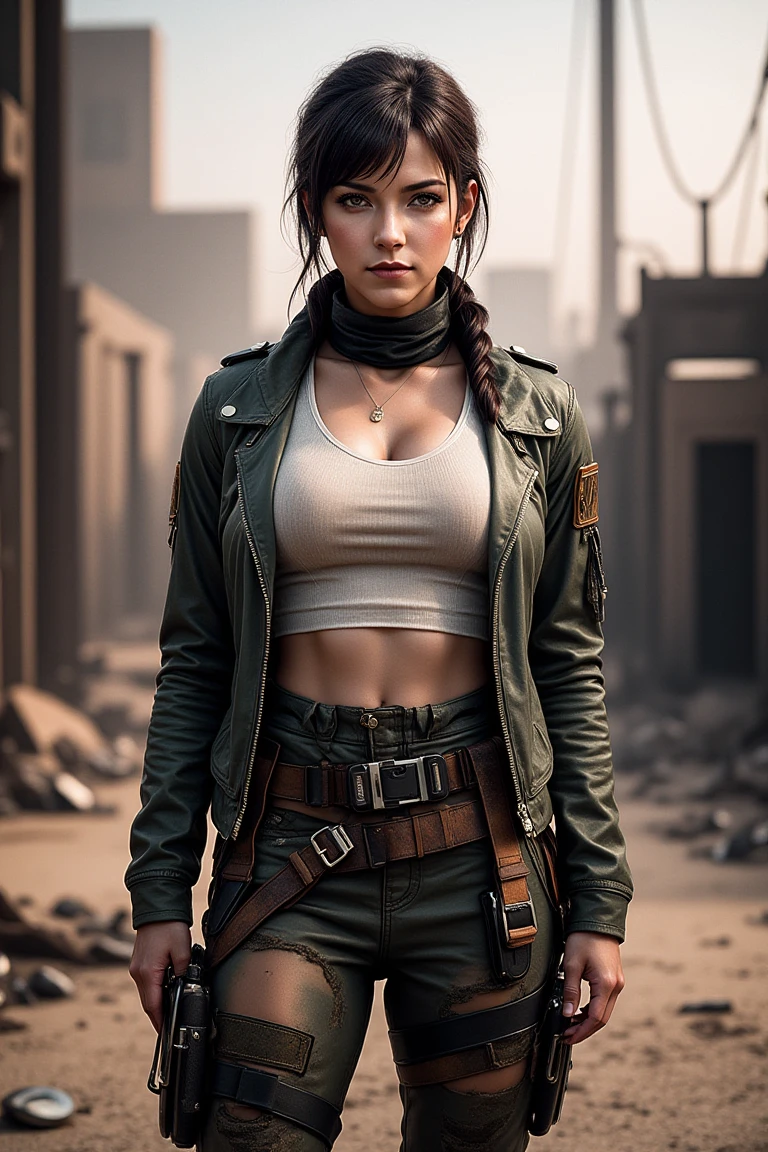 (Half-length portrait of a woman),


(In a rugged survival outfit featuring a fitted tank top paired with distressed cargo pants, accessorized with tactical gear and a worn leather jacket, combined with tousled hair pulled back and a fierce, determined expression, for a look of gritty resilience),
(Amidst a desolate, post-apocalyptic landscape with crumbling structures and dust swirling in the air, where the combination of practical clothing and harsh surroundings creates an atmosphere of urgency and survival:1.3),
(resilience:1.3),
(gritty, high contrast, muted colors, dramatic shadows, cinematic still:1.3),