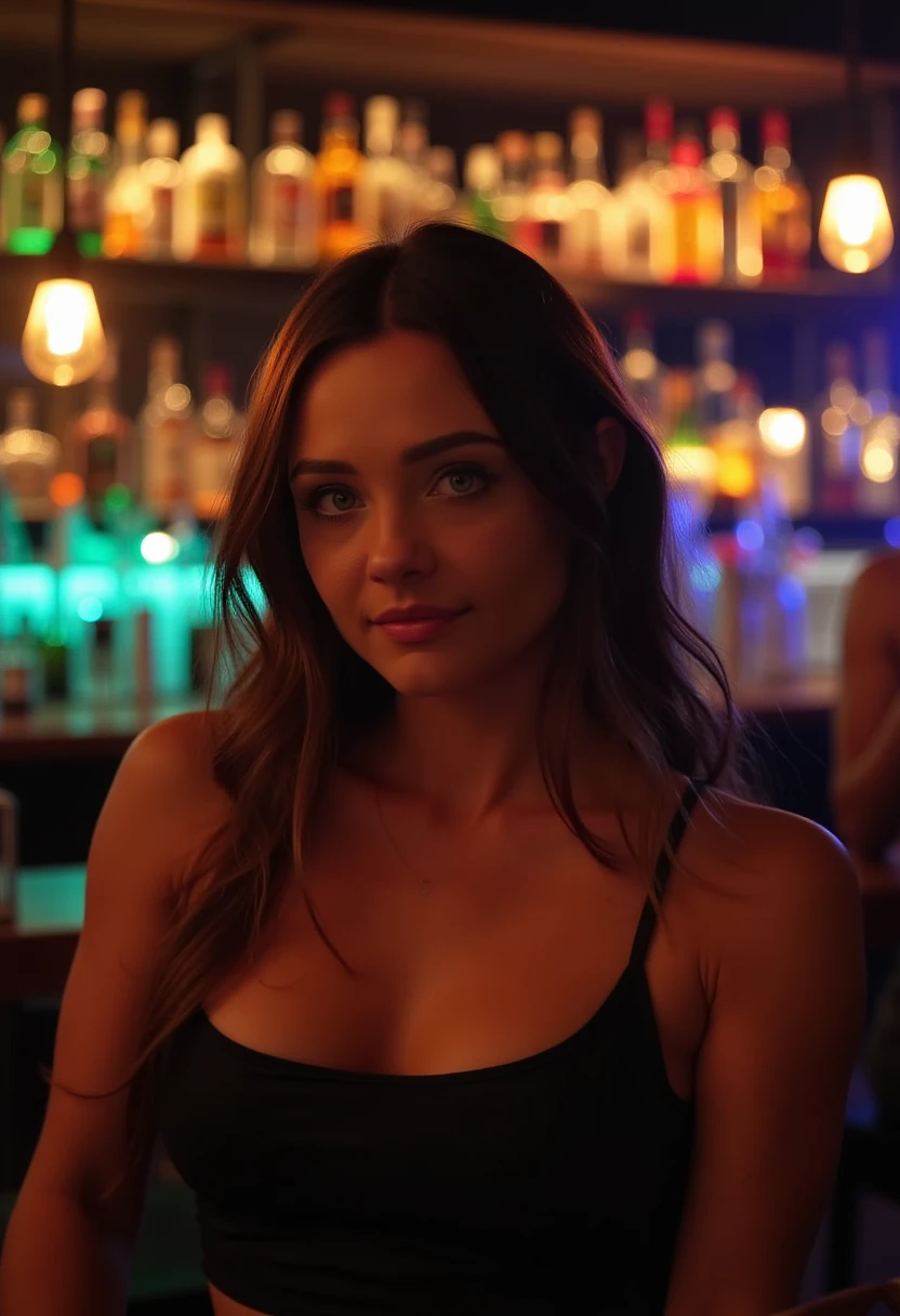 This photograph captures a young woman in an intimate, dimly lit bar setting. She has long, wavy hair that falls past her shoulders and is parted in the middle. Her facial features are sharp and defined, with high cheekbones, full lips, and large, expressive eyes that gaze directly at the camera. She has a pale complexion and wears a simple, black spaghetti-strap top that accentuates her slender frame. The lighting in the bar is warm and soft, with a mix of ambient and spotlights casting a golden glow on her face and creating a cozy atmosphere.

In the background, the bar counter is lined with a variety of alcohol bottles, creating a colorful and vibrant display. The bottles are illuminated by the warm light, adding to the bar's inviting ambiance. The bar area is blurred, with bokeh effects that create a sense of depth and focus on the subject. The overall color palette of the image is dominated by warm tones with hints of blue and green from the lighting and the blurred background. The photograph is styled in a contemporary, moody fashion, emphasizing the intimate and slightly mysterious nature of the scene. P1P3R
