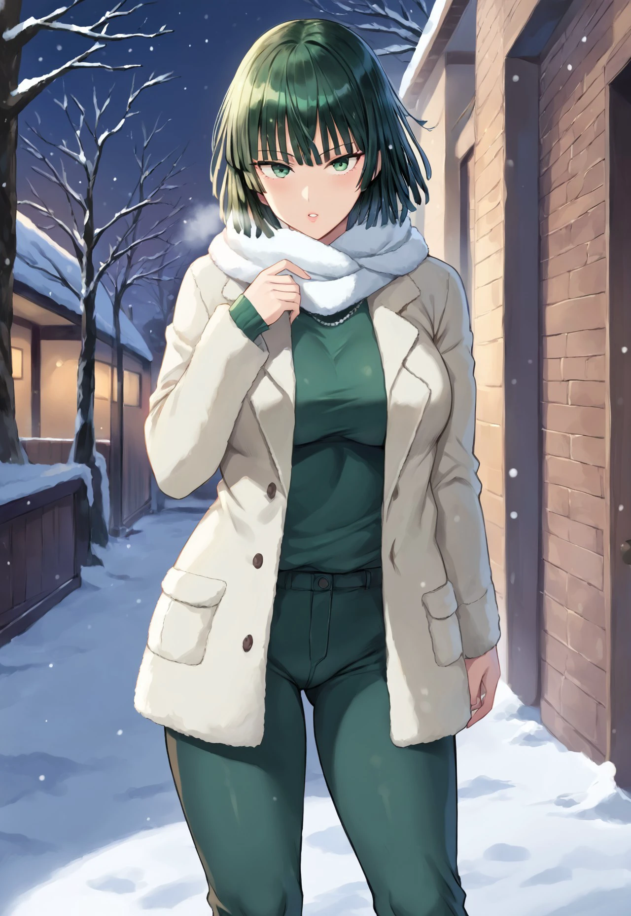 safe_pos, score_9, score_8_up, score_7_up, solo, 1girl, Fubuki_(One-Punch_Man), green_eyes, green_hair, short_hair, blunt_bangs, large_breasts, winter, ((winter_clothes)), scarf, pants, outdoors, steam, brown_clothes,