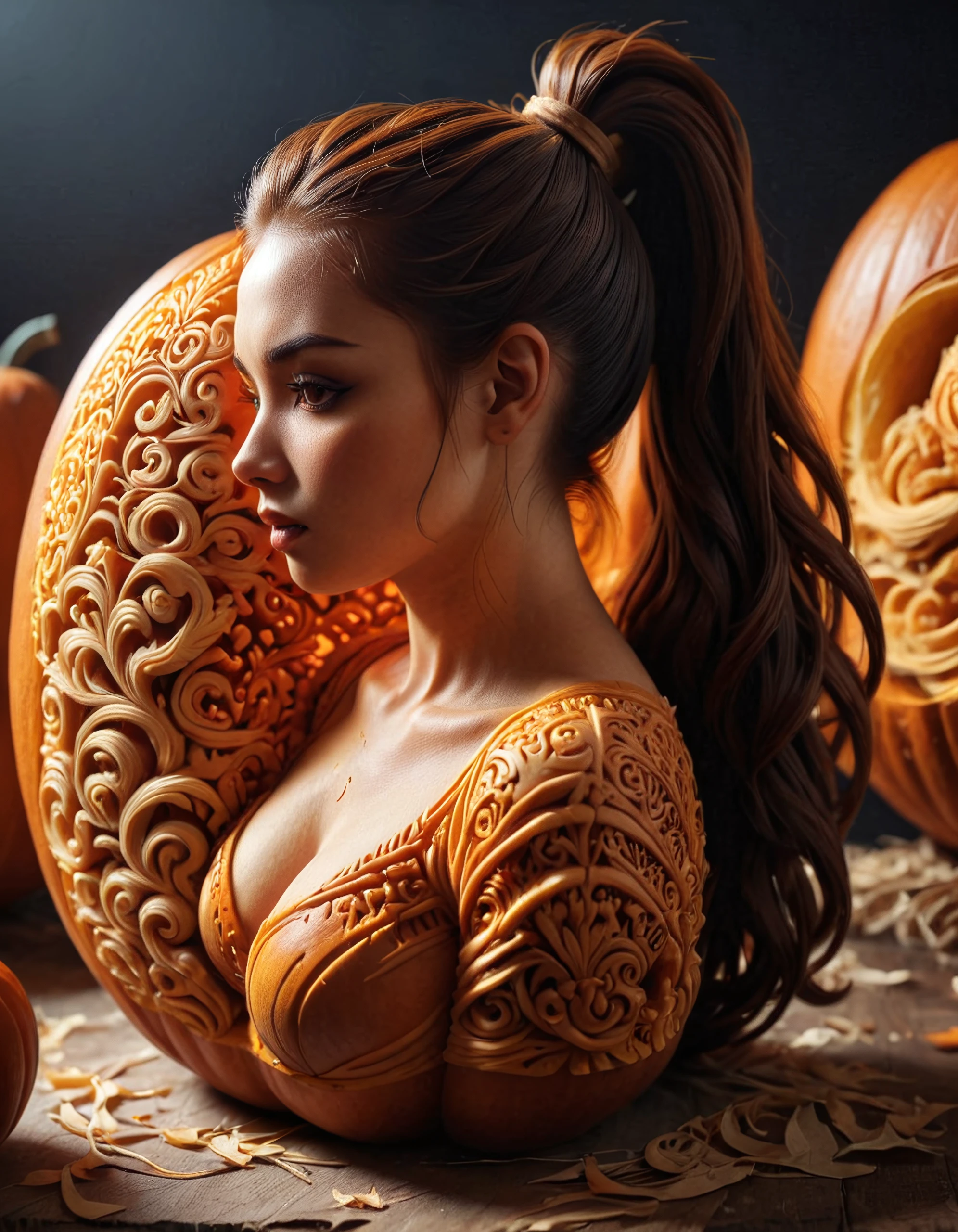 pumpkarv, pumpkin carving, carved pumpkin art of a beautiful sexy woman with a ponytail, cinematic scene, dramatic light